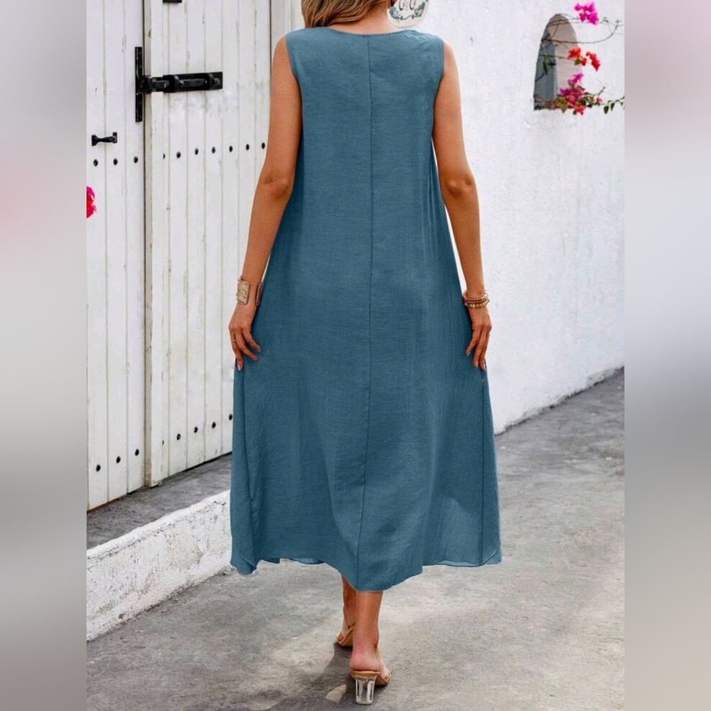 New Flowy Layered Button Trim Sleeveless Long Dress Blue - Picture 4 of 7